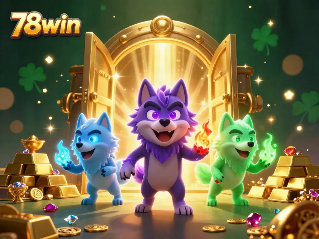 Engage in thrilling gameplay at 78win, surrounded by a mystical wolf pack amidst golden treasures.