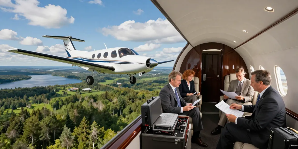 Experience executive charter flights Ontario aboard a Piper Navajo, featuring business professionals in-flight over stunning landscapes.