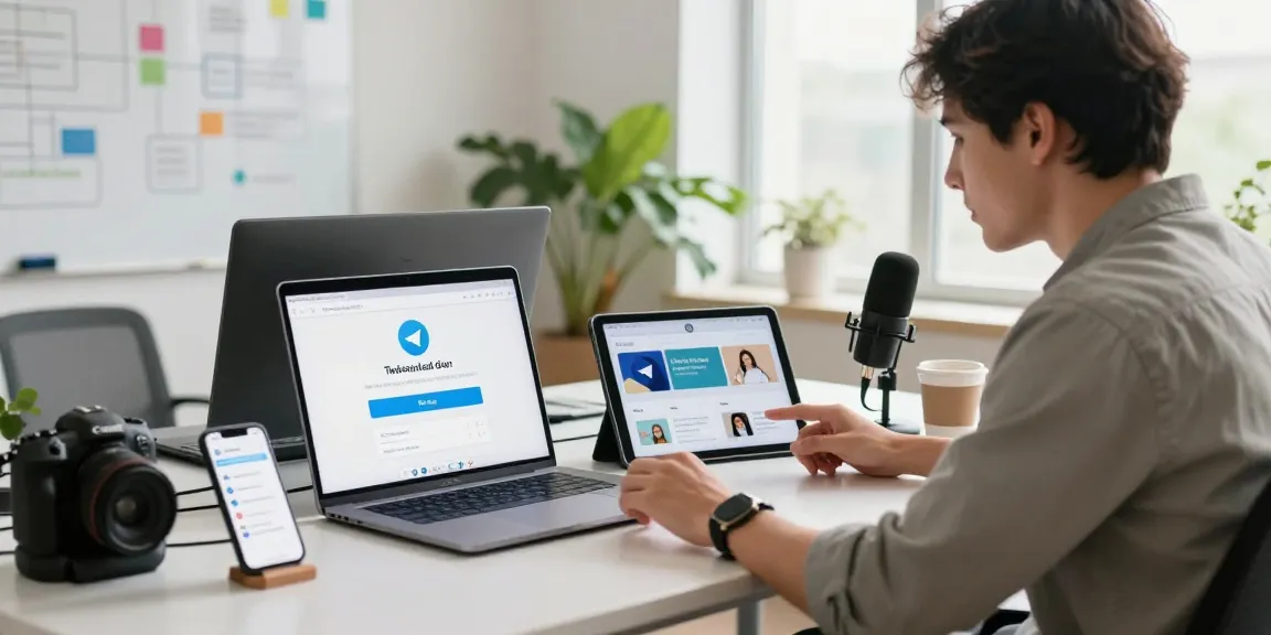 Experience the Telegram download in a vibrant tech workspace with multi-device integration.