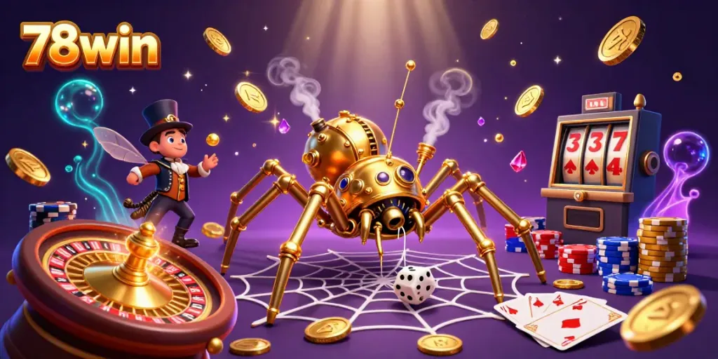 Experience thrilling luck at 78win with a steampunk spider crafting luck amidst golden treasures.