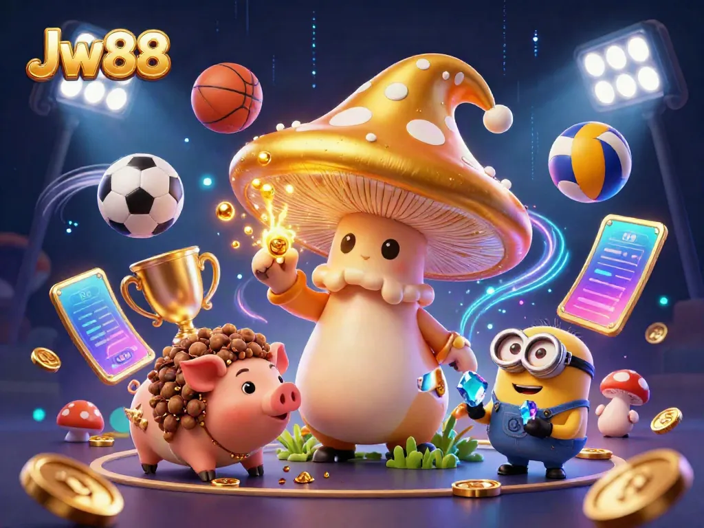 Engage with exciting sports betting adventures at Jw88, featuring a whimsical golden mushroom wizard and treasures.
