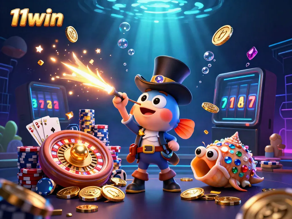 Engage in thrilling 11win adventures with a glowing anglerfish, coins, and dynamic casino elements.