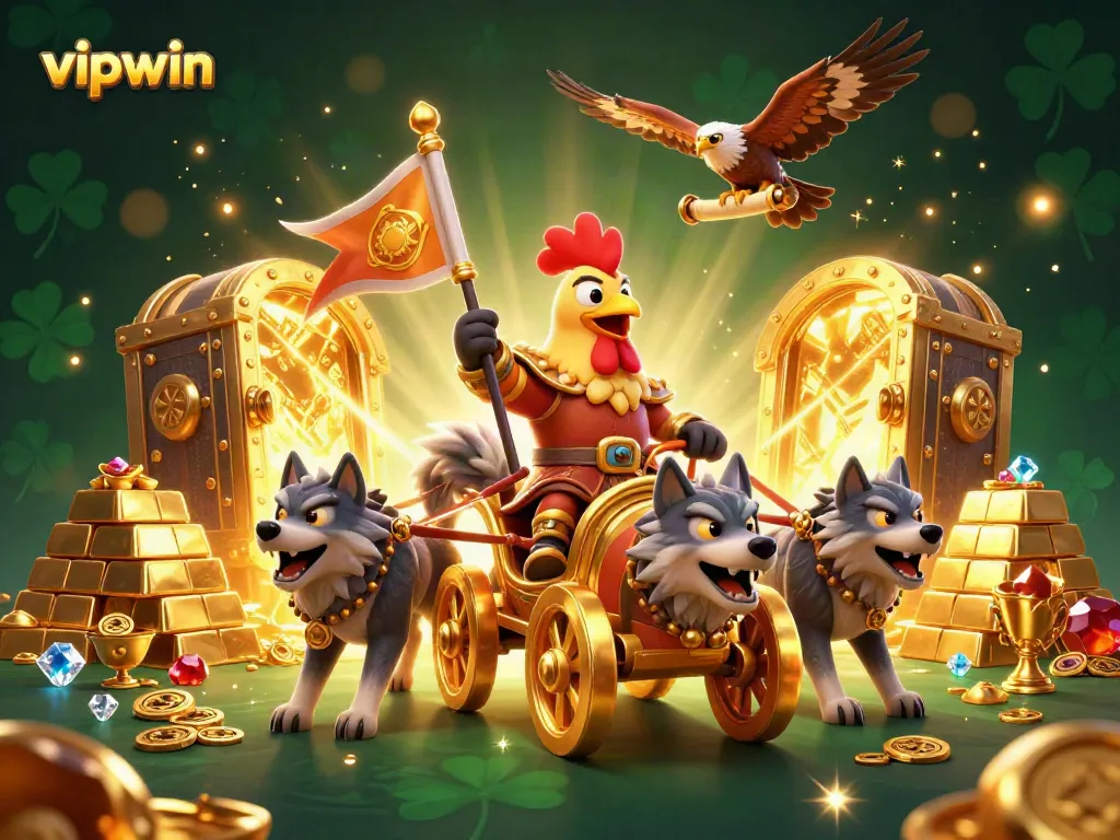 Engage with vipwin's thrilling world, where the rooster warlord leads epic wins in a carnival of gems and treasures.