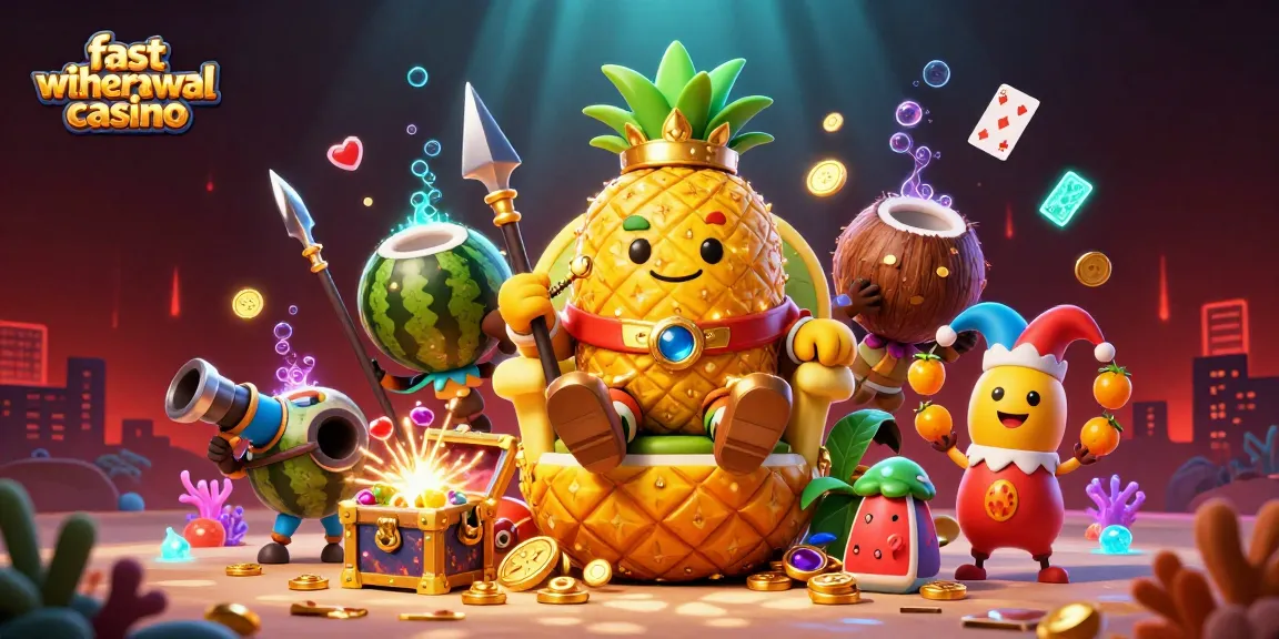 Experience the vibrant action at a fast withdrawal casino with the golden pineapple king and characters in an aquatic casino.