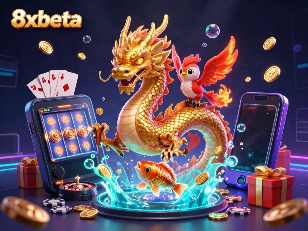 Experience the thrill of 8xbeta with a dynamic 3D scene featuring a dragon, phoenix, and koi fish amidst vibrant casino elements.