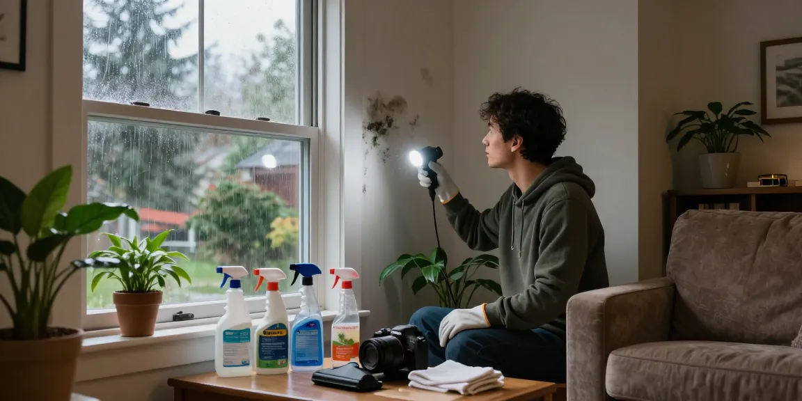 Mold remediation North Vancouver scene with homeowner inspecting mold in their living room with cleaning supplies.