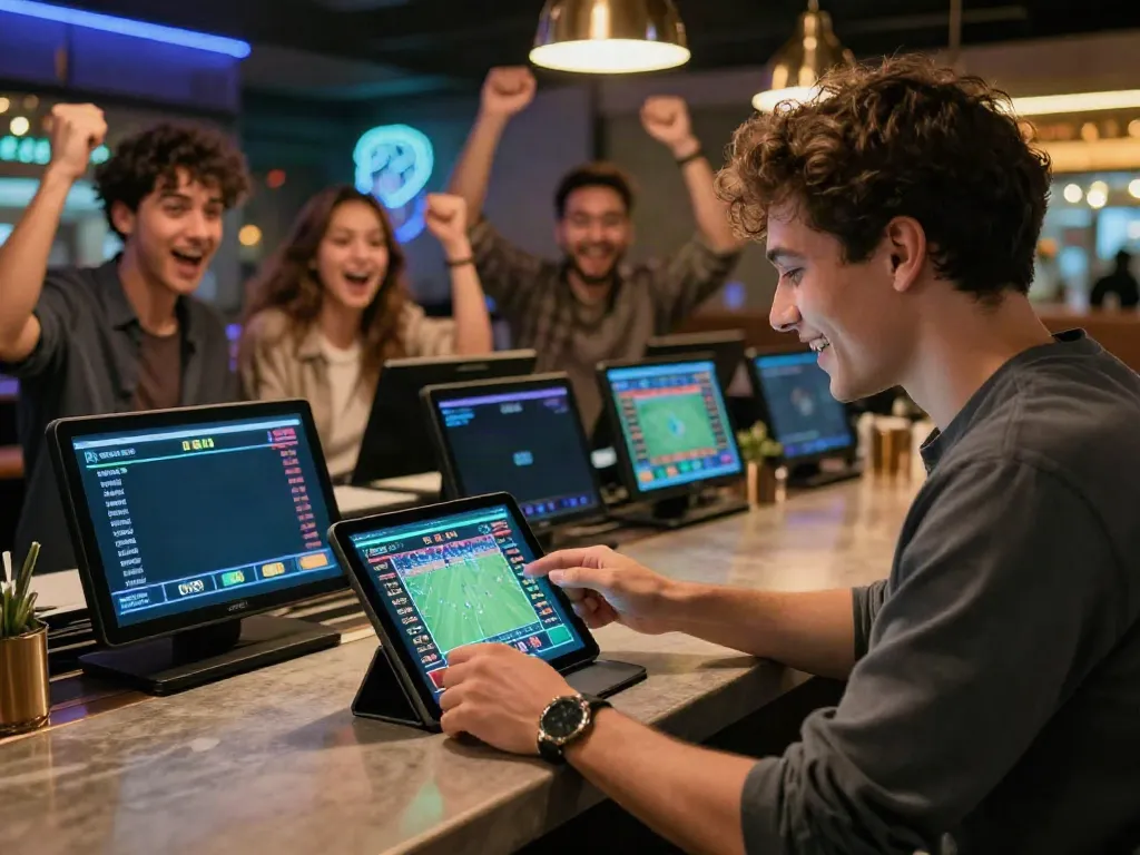 Dynamic Bitcoin sports betting scene in Canada with a young man placing a bet.
