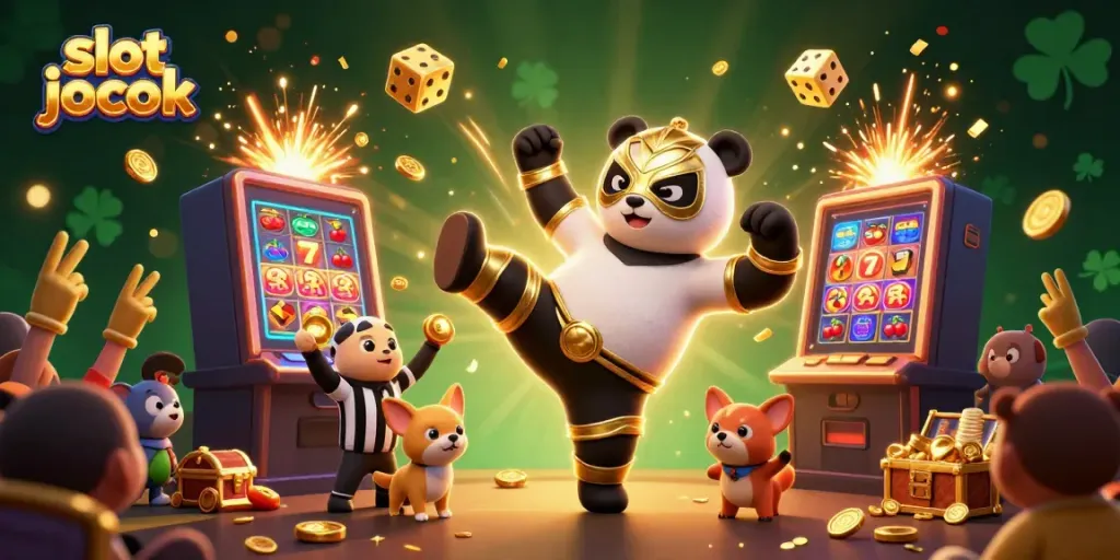 Witness the excitement of slot jackpot at an animal wrestling match with flying coins and cheering crowd.