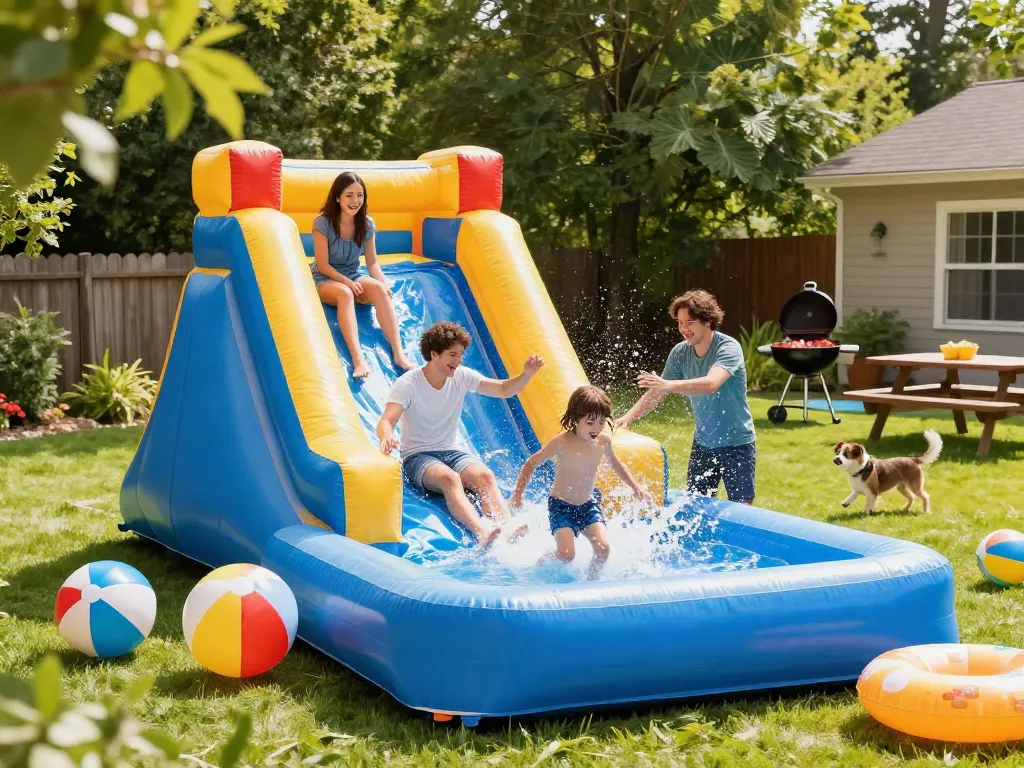 Kids enjoying an inflatable water slide in a sunny backyard setting.