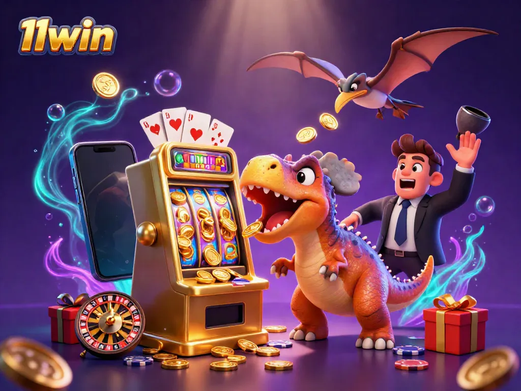 Watch the 11win themed pachycephalosaurus interact with a golden slot machine in a colorful casino scene.