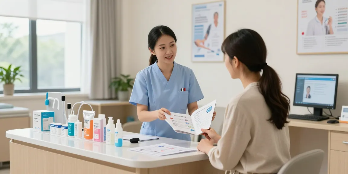 Patient receiving guidance on urological products in a modern urology clinic.