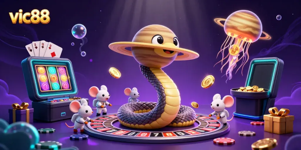 Experience thrilling gameplay with vic88's unique cosmic casino scene, showcasing animated characters and vibrant slots.