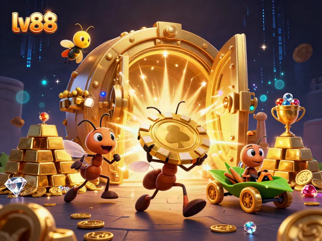 Experience the excitement of lv88 with ants carrying a massive poker chip in a vibrant heist scene.