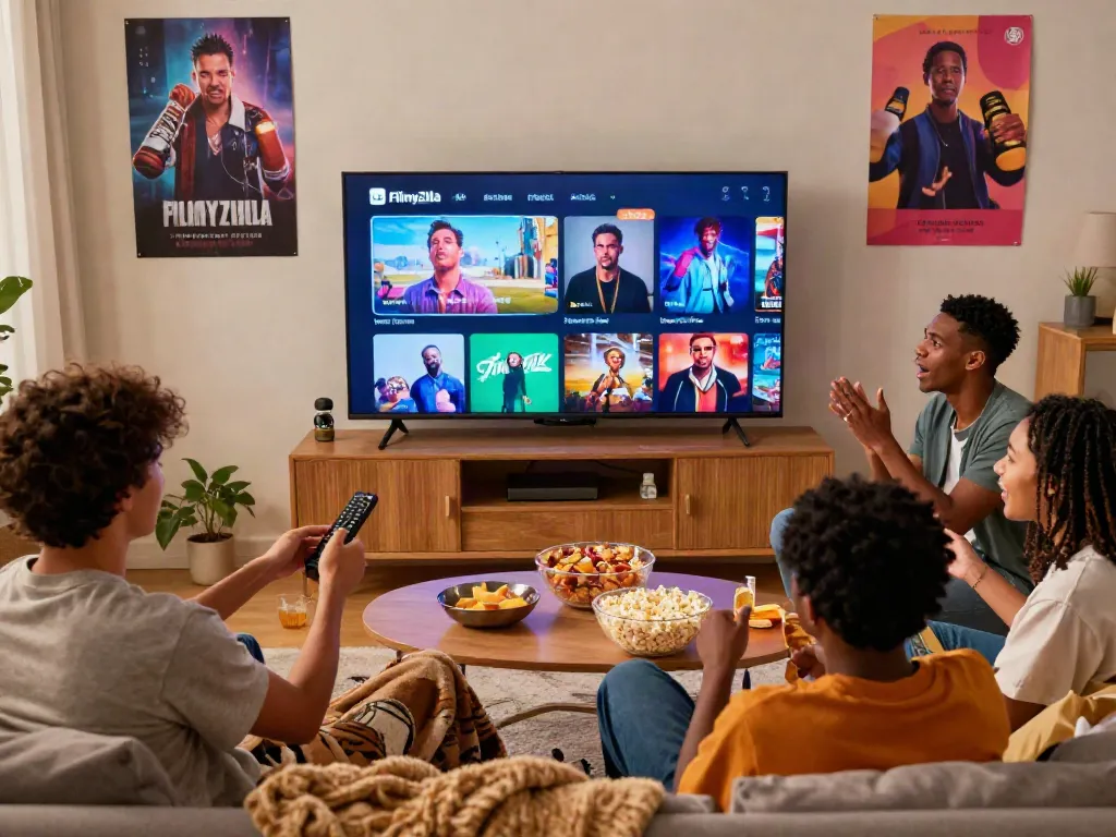 Friends enjoying a movie night with FilmyZilla in a cozy living room