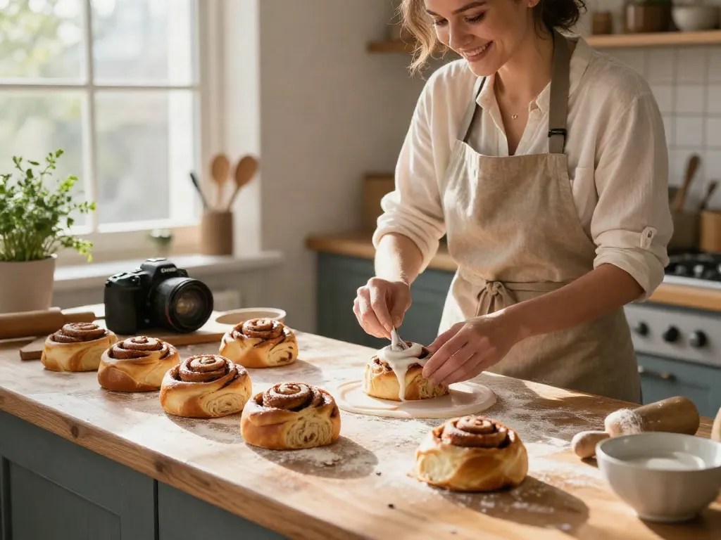 Delicious cinnamon buns Calgary with warm icing in a cozy bakery.