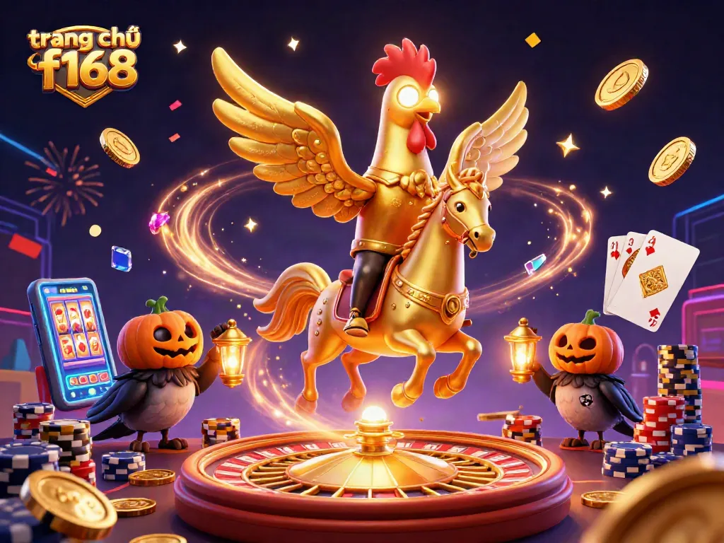 Experience the excitement of trang chủ f168 with a dynamic casino scene featuring a golden rooster and lavish game elements.