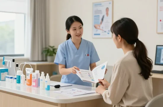 Patient receiving guidance on urological products in a modern urology clinic.